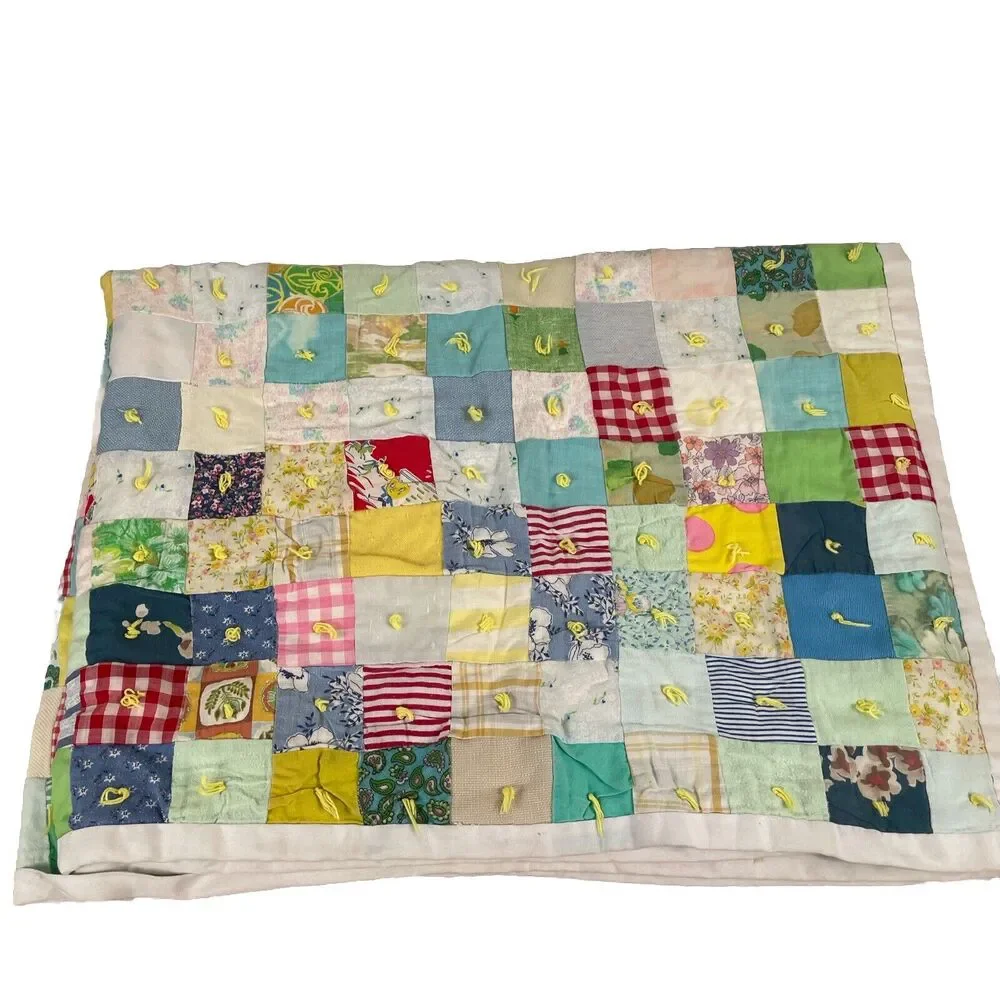 Vintage 1950s Baby Quilt Lot 2 Hand-Tied Patchwork Crib Toddler Blankets Craft